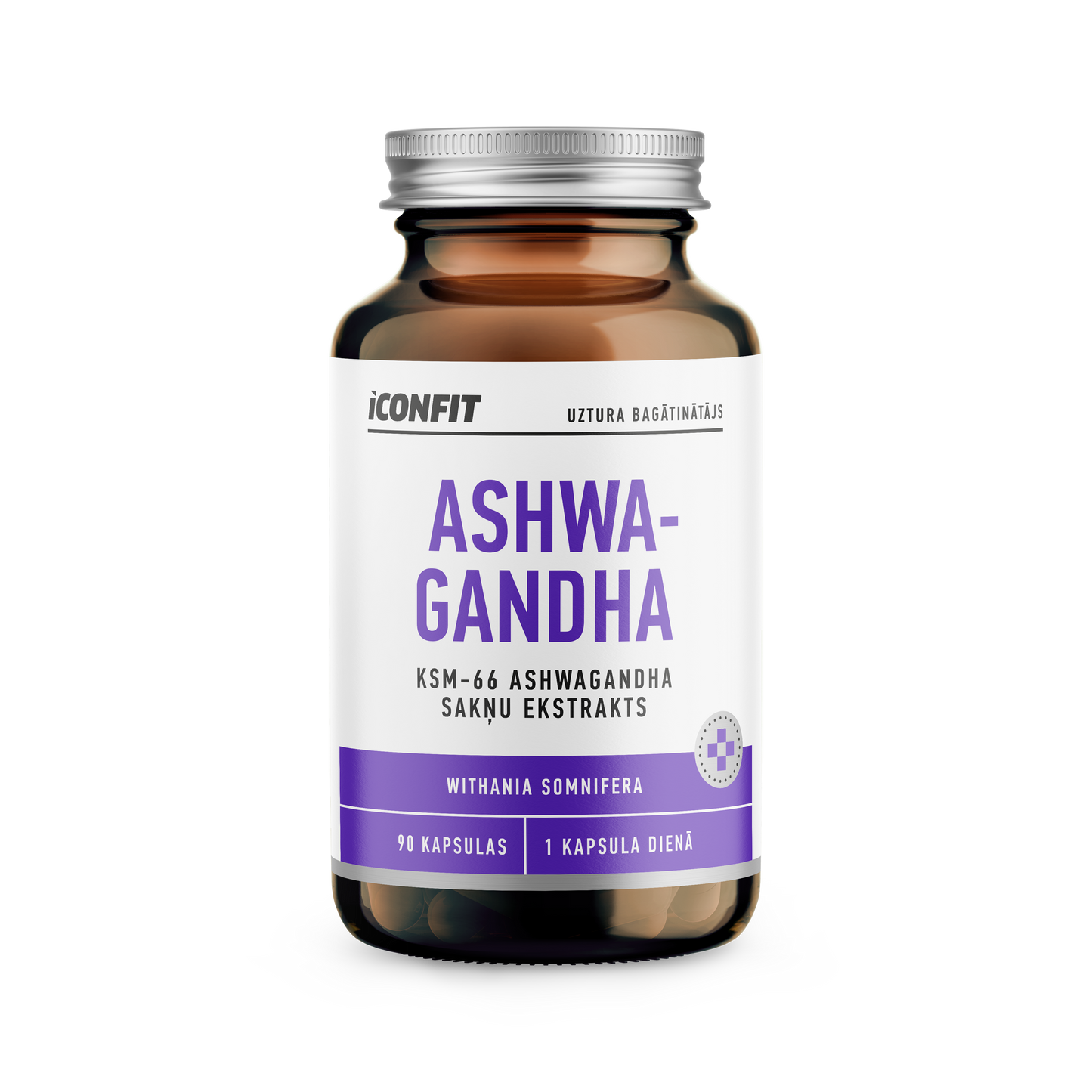 ICONFIT Ashwagandha uztura bagātinātāja pudele ar KSM-66 ašvagandas sakņu ekstraktu, satur 90 kapsulas ikdienas stresa mazināšanai un labsajūtai.