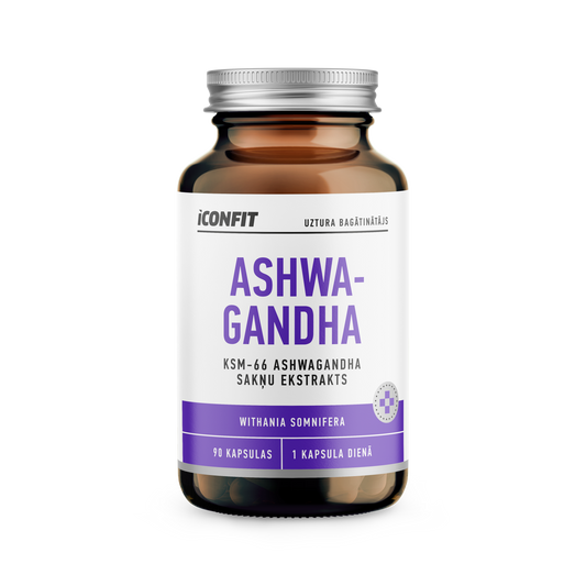 ICONFIT Ashwagandha uztura bagātinātāja pudele ar KSM-66 ašvagandas sakņu ekstraktu, satur 90 kapsulas ikdienas stresa mazināšanai un labsajūtai.